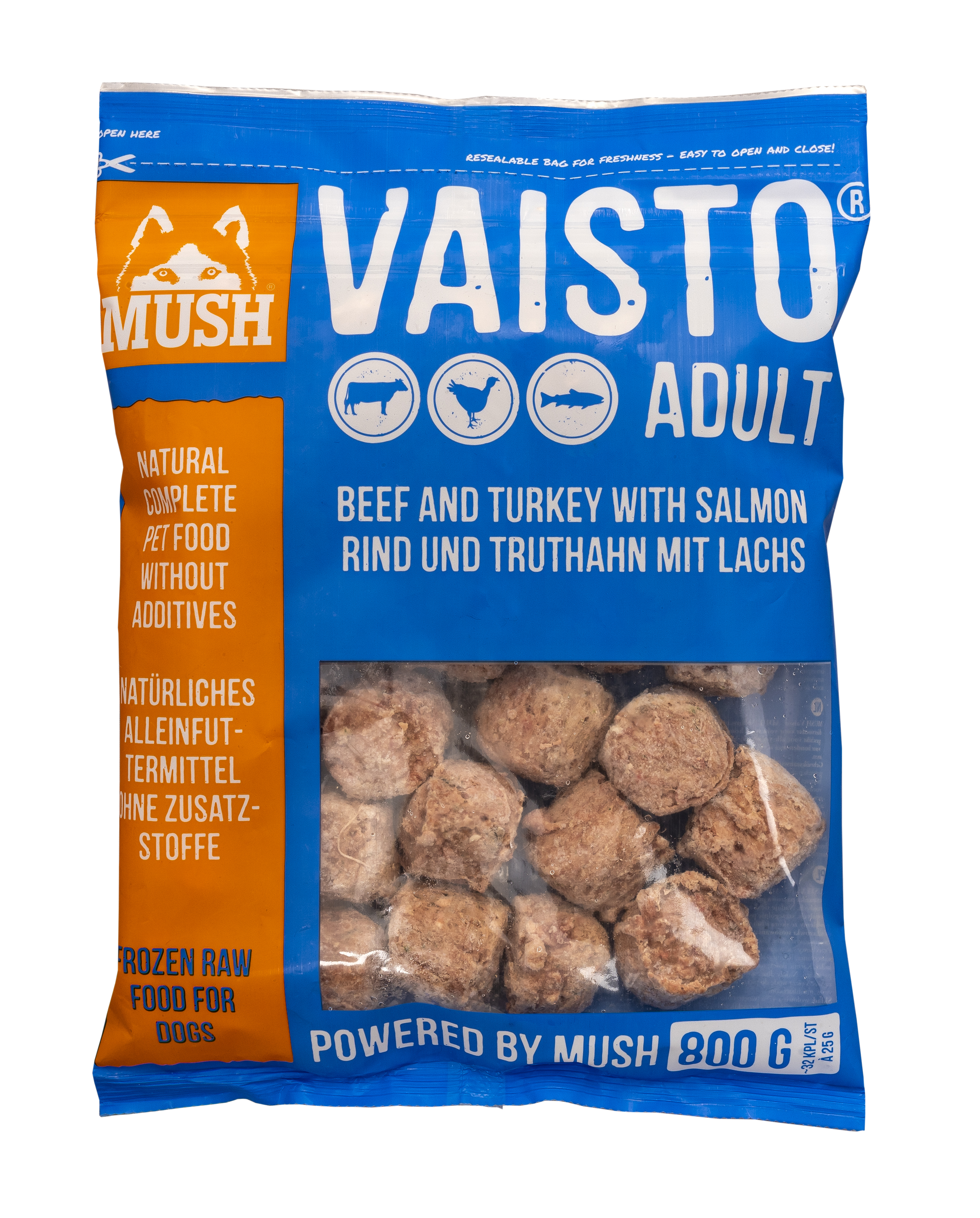 MUSH B.A.R.F. Vaisto® ADULT BLUE телешко, пуешко и сьомга, серия ALL BREEDS FORMULA 800g