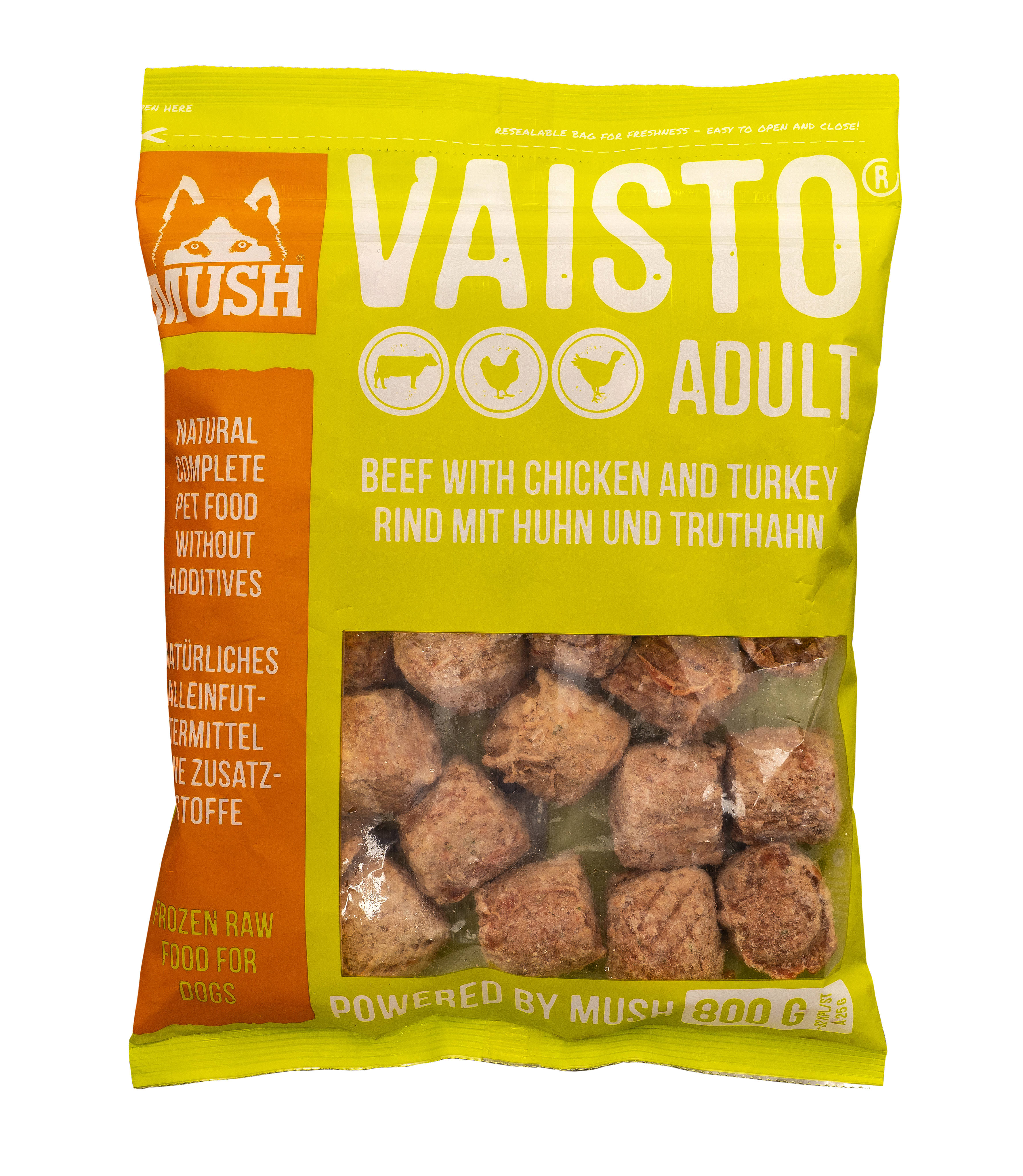 MUSH B.A.R.F. Vaisto® GREEN Формула за начинаещи с телешко, пуешко и пилешко месо, серия STARTER FORMULA 800g