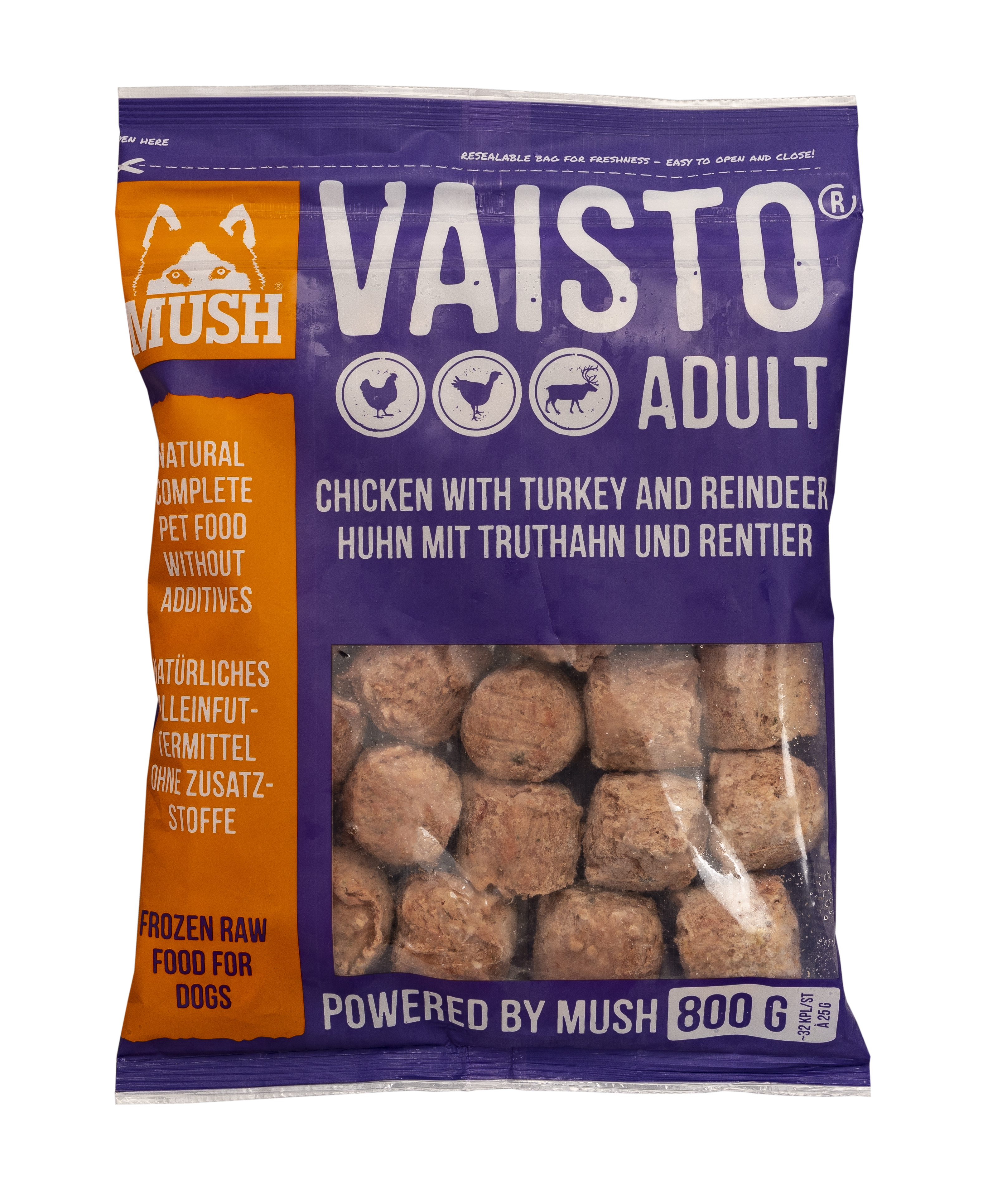 MUSH B.A.R.F. Vaisto® ADULT VIOLET с пуешко, пилешко и еленско месо, серия ALL BREEDS FORMULA 800g