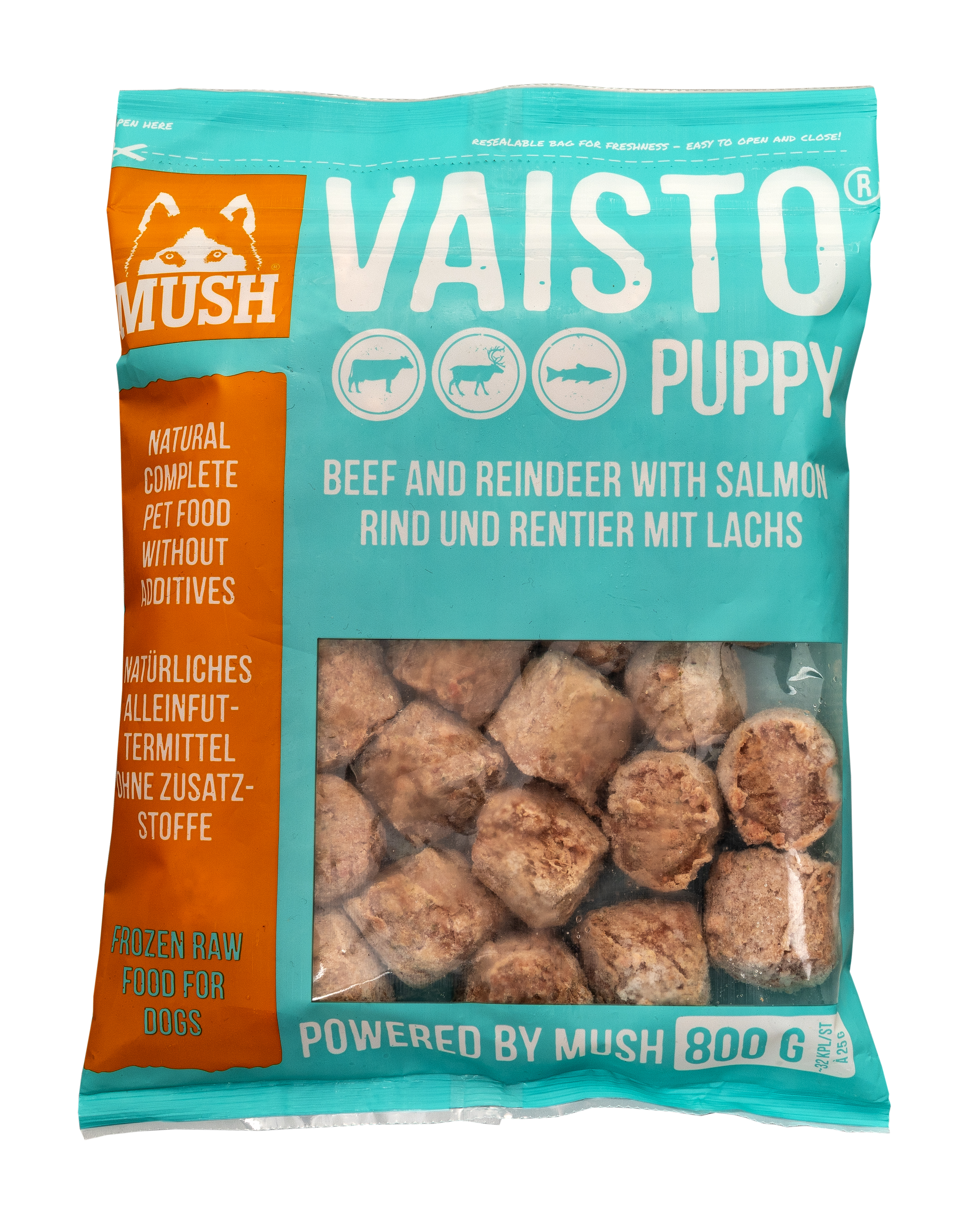 MUSH B.A.R.F. Vaisto® ICE BLUE телешко, еленско месо и сьомга, серия PUPPY FORMULA 800 гр.