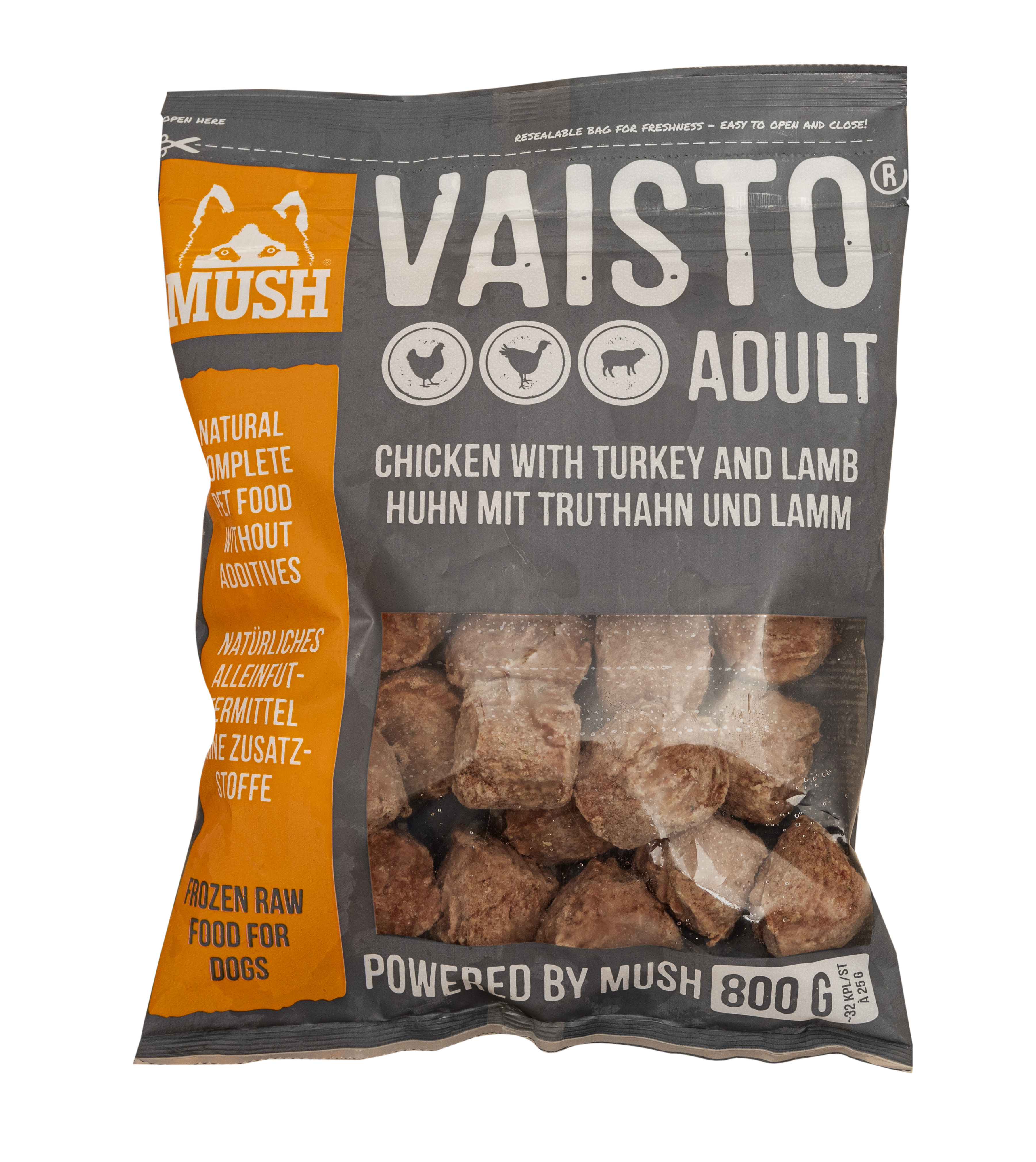 MUSH B.A.R.F. Vaisto® ADULT GREY пуешко, пилешко и агнешко месо, серия ALL BREEDS FORMULA 800 гр.